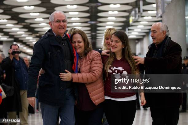 Former mayor of Caracas, Antonio Ledezma meets his wife Mitzy Capriles and daughters at his arrival to Adolfo Suarez Madrid Barajas Airport on...