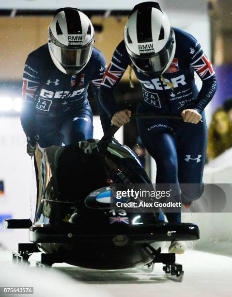 Mica McNeill and Mica Moore of Great Britain compete in the 2-woman Bobsleigh during the BMW IBSF Bobsleigh and Skeleton World Cup on November 17,...