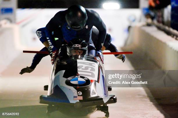Justin Olsen, Evan Weinstock, Steven Langton and Christopher Fogt of the United States compete in the 4-man Bobsleigh during the BMW IBSF Bobsleigh...