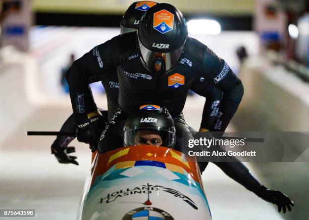 Ivo de Bruin, Jeroen Piek, Bror van der Zijde and Janko Franjic of Netherlands compete in the 4-man Bobsleigh during the BMW IBSF Bobsleigh and...