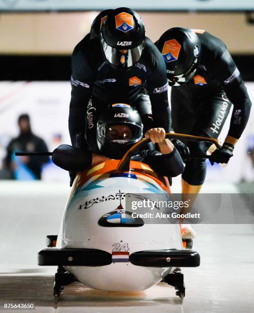 Ivo de Bruin, Jeroen Piek, Bror van der Zijde and Janko Franjic of Netherlands compete in the 4-man Bobsleigh during the BMW IBSF Bobsleigh and...