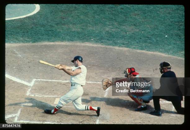 Carl Yastrzemski of the Boston Red Sox, walked to first base after hitting in the first inning of this 2nd world Series game. Tim McCarver is shown...