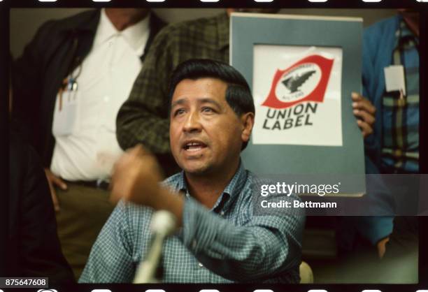 Los Angeles, CA- , Cesar Chavez, head of the United Farmworkers Union, talks to the press after signing a 3-year contract with California grape...