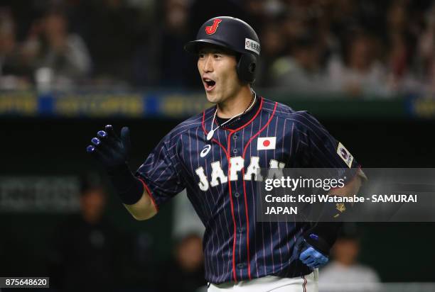 Infielder Shuta Tonosaki of Japan celebrates after hitting a solo homer in the top of second inning during the Eneos Asia Professional Baseball...