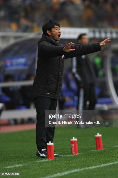 Head coach Masatada Ishii of Omiya Ardija reacts during the J.League J1 match between Vegalta Sendai and Omiya Ardija at Yurtec Stadium Sendai on...