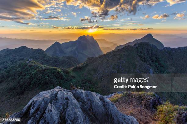 layer of mountains and mist at sunset time, landscape at doi luang chiang dao, high mountain in chiang mai province, thailand - climbs to all time high stock pictures, royalty-free photos & images