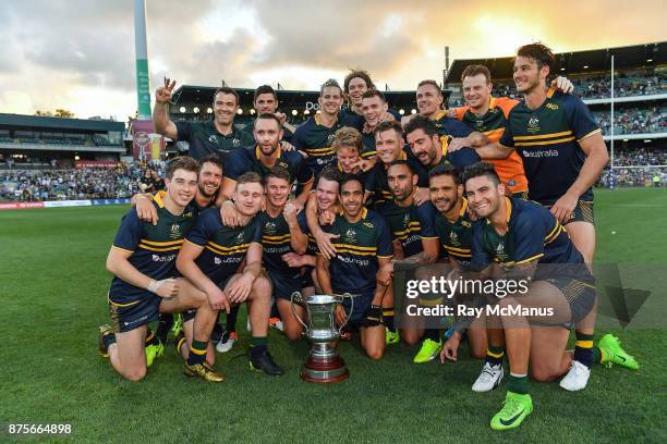 Perth , Australia - 18 November 2017; The Australian winning team after the Virgin Australia International Rules Series 2nd test at the Domain...