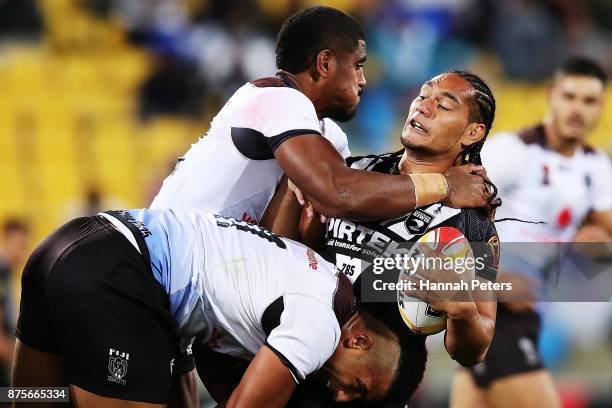 Martin Taupau of the Kiwis charges forward during the 2017 Rugby League World Cup Quarter Final match between New Zealand and Fiji at Westpac Stadium...