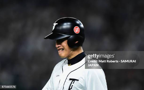 Outfielder Yang Dai-Kang of Chinese Taipei reacts after the bottom of fourth inning during the Eneos Asia Professional Baseball Championship 2017...