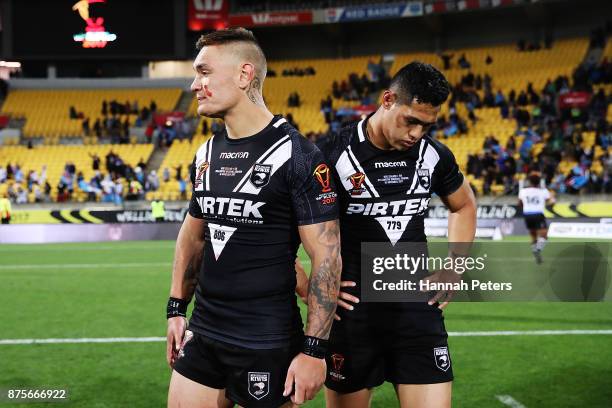 Danny Levi and Roger Tuivasa-Sheck of the Kiwis look on after losing the 2017 Rugby League World Cup Quarter Final match between New Zealand and Fiji...