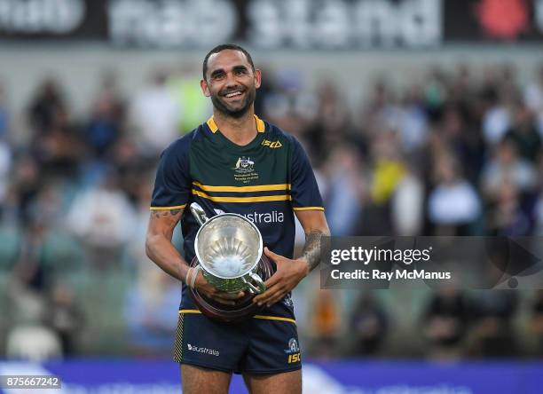 Perth , Australia - 18 November 2017; Australian captain Shaun Burgoyne with Cormac McAnallen Cup after the Virgin Australia International Rules...