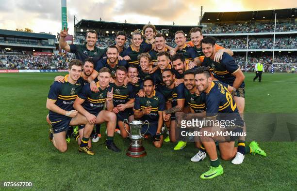 Perth , Australia - 18 November 2017; The Australian team with the Cormac McAnallen Cup after the Virgin Australia International Rules Series 2nd...