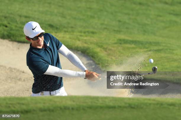 Dylan Frittelli of South Africa hits his third shot on the 18th hole during the third round of the DP World Tour Championship at Jumeirah Golf...