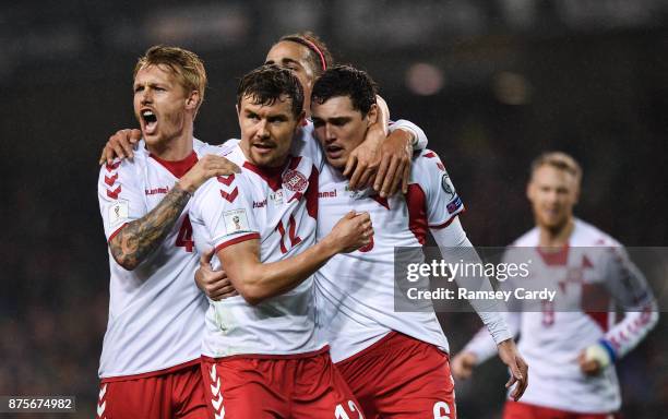 Dublin , Ireland - 14 November 2017; Andreas Christensen of Denmark is congratulated by teammates after scoring his side's first goal during the FIFA...