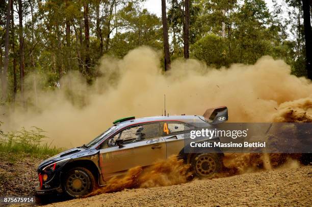 Hayden Paddon of New Zealand and Sebastien Marshall of Great Britain compete in their Hyundai Motorsport WRT Hyundai i20 coupe WRC during Day Two of...