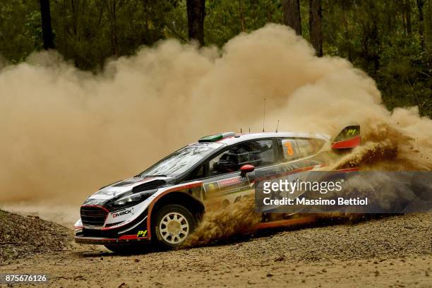 Elfyn Evans of Great Britain and Daniel Barritt of Great Britain compete in their M-Sport WRT Ford Fiesta WRC during Day Two of the WRC Australia in...