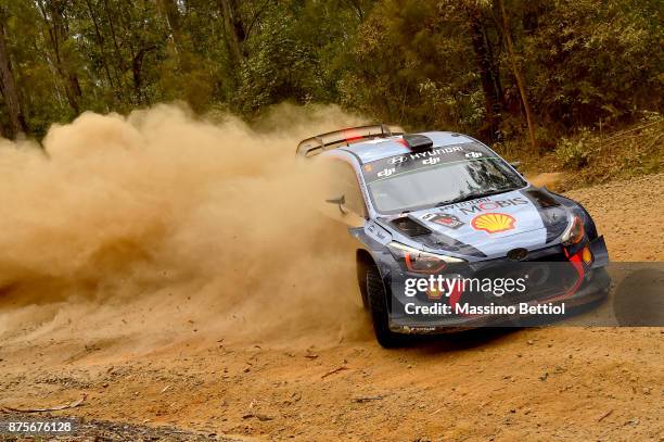 Thierry Neuville of Belgium and Nicolas Gilsoul of Belgium compete in their Hyundai Motorsport WRT Hyundai i20 coupe WRC during Day Two of the WRC...