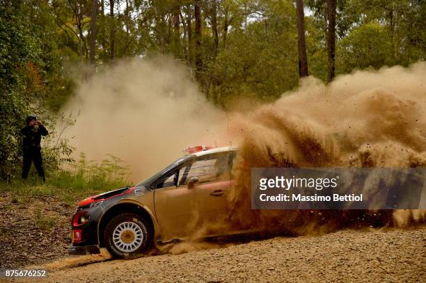 Kris Meeke of Great Britain and Paul Nagle of Ireland compete in their Citroen Total Abu Dhabi WRT Citroen C3 WRC during Day Two of the WRC Australia...