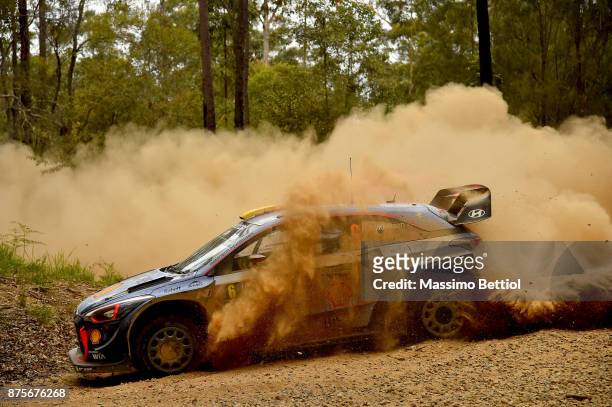 Andreas Mikkelsen of Norway and Anders Jaeger of Norway compete in their Hyundai Motorsport WRT Hyundai i20 coupe WRC during Day Two of the WRC...