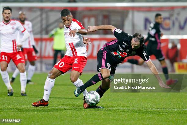 Arnaud Nordin of Nancy and Jerome Hergault of Ajaccio during the Ligue 2 match between AS Nancy and AC Ajaccio on November 17, 2017 in Nancy, France.