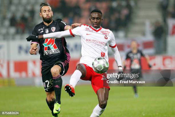 Ghislain Gimbert of Ajaccio and Modou Diagne of Nancy during the Ligue 2 match between AS Nancy and AC Ajaccio on November 17, 2017 in Nancy, France.