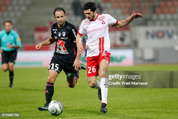 Jerome Hergault of Ajaccio and Vincent Muratori of Nancy during the Ligue 2 match between AS Nancy and AC Ajaccio on November 17, 2017 in Nancy,...