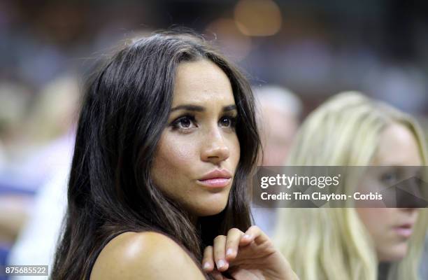 Open - Day 10 Actress Meghan Markle watching Serena Williams of the United States in action against Simona Halep of Romania in the Women's Singles...