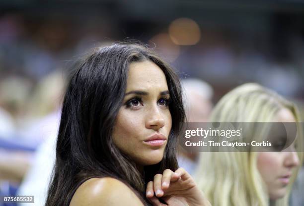 Open - Day 10 Actress Meghan Markle watching Serena Williams of the United States in action against Simona Halep of Romania in the Women's Singles...