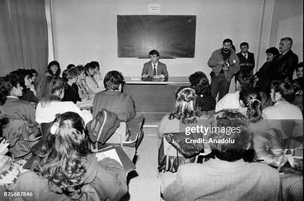 File photo dated November 03, 1988 shows World and Olympic champion in weightlifting, Naim Suleymanoglu of Turkey during a press conference in Turkey...