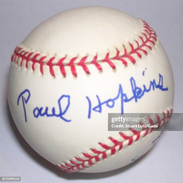 Baseball signed by Paul Hopkins, a pitcher for the Washington Senators who was the last living baseball player to surrender a home run to Babe Ruth...