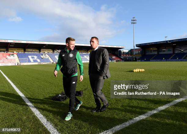 Celtic manager Brendan Rodgers and CelticÕs Jonathan Hayes walk of the pitch side before the Ladbrokes Scottish Premiership match at the Global...