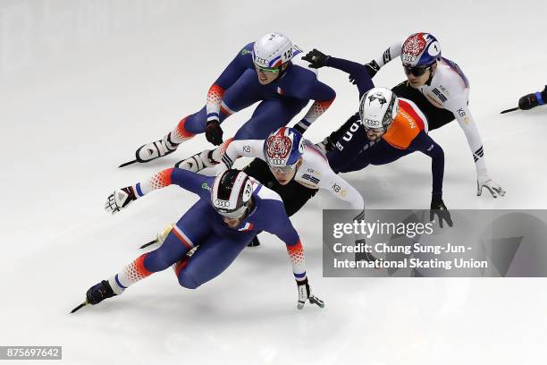 Thibaut Fauconnet of France, Lim Hyo-Jun of South Korea, Seo Yi-Ra of South Korea and Itzhak de Laat of Netherlands compete in the Men 1500m...