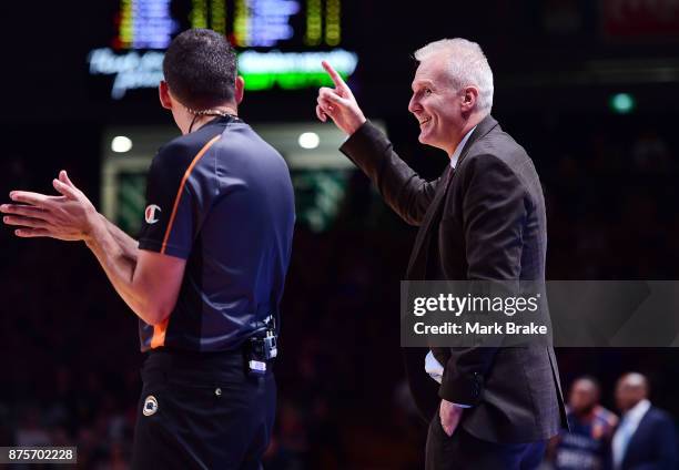Sydney Kings coach Andrew Gaze disputes a call with the referee during the round seven NBL match between Adelaide 36ers and the Sydney Kings at...