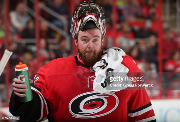 Scott Darling of the Carolina Hurricanes gets a drink of water duing a time out of an NHL game against the Chicago Blackhawks on November 11, 2017 at...