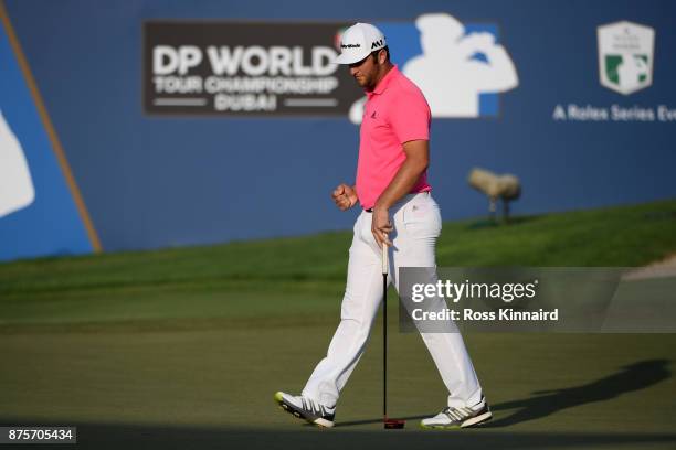 Jon Rahm of Spain reacts on the 18th green during the third round of the DP World Tour Championship at Jumeirah Golf Estates on November 18, 2017 in...