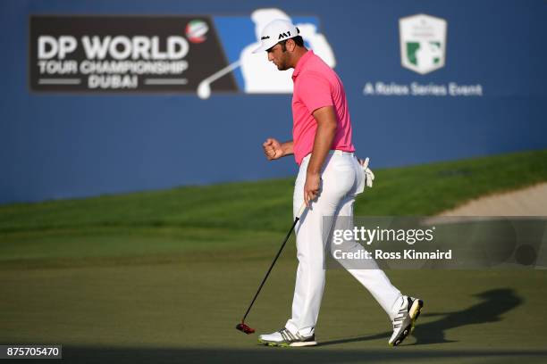 Jon Rahm of Spain reacts on the 18th green during the third round of the DP World Tour Championship at Jumeirah Golf Estates on November 18, 2017 in...
