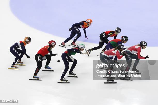 Arianna Fontana and Martina Valcepina of Italy, Marianne St-Gelais and Kim Boutin of Canada, Kexin Fan and Yang Zhou of China and Suzanne Schulting...