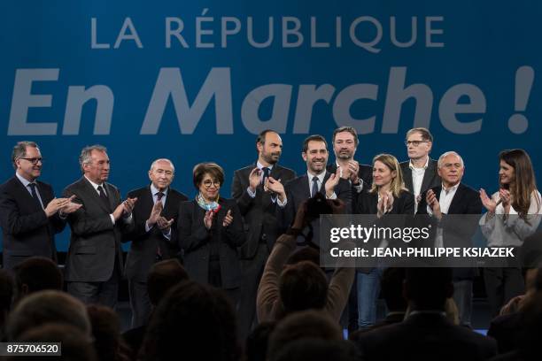 President of French La Republique en Marche parliamentary group Richard Ferrand , leader of the French MoDem centrist party Francois Bayrou , French...