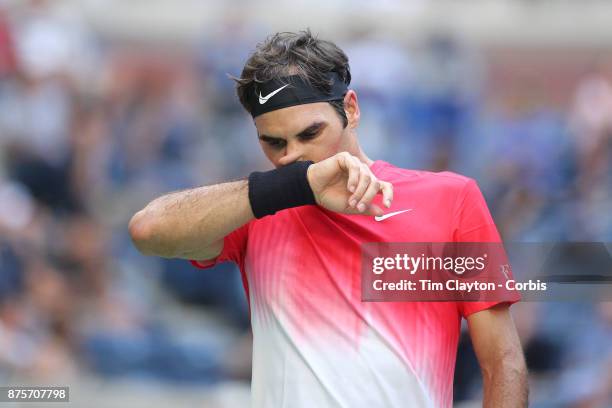 Open Tennis Tournament - DAY FOUR. Roger Federer of Switzerland in action against Mikhail Youzhny of Russia during the Men's Singles round two match...