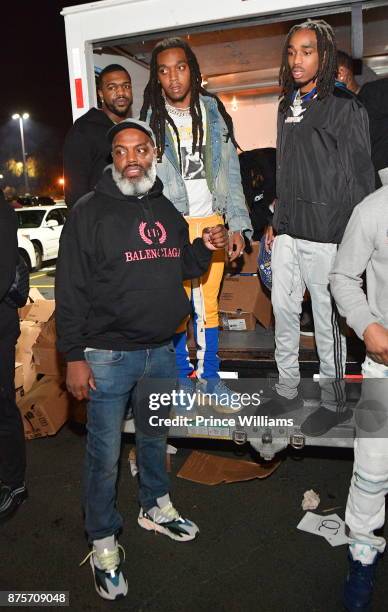 Kevin 'Coach K' Lee, Takeoff and Quavo of The Group Migos attends The Migos Turkey Drive at 799 Hutchins Road on November 17, 2017 in Atlanta,...