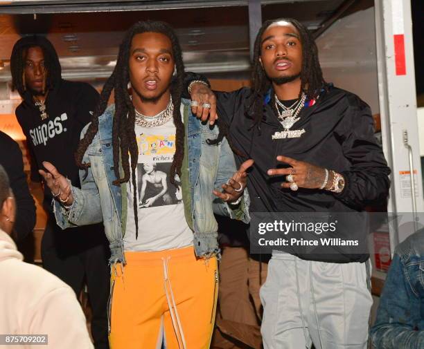 Takeoff and Quavo of the Group Migos hand out Turkeys at The Migos Turkey Drive at 799 Hutchins Road on November 17, 2017 in Atlanta, Georgia.