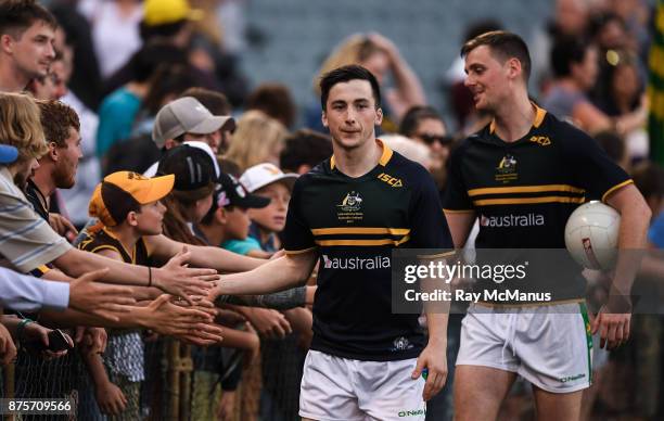 Perth , Australia - 18 November 2017; Paul Murphy, left, and Conor Sweeney of Ireland after the Virgin Australia International Rules Series 2nd test...