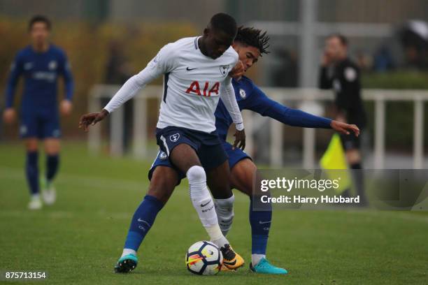 Shilow Tracey of Tottenham Hotspur and Reece James of Chelsea in action during a Premier League 2 match between Tottenham Hotspur and Chelsea at...