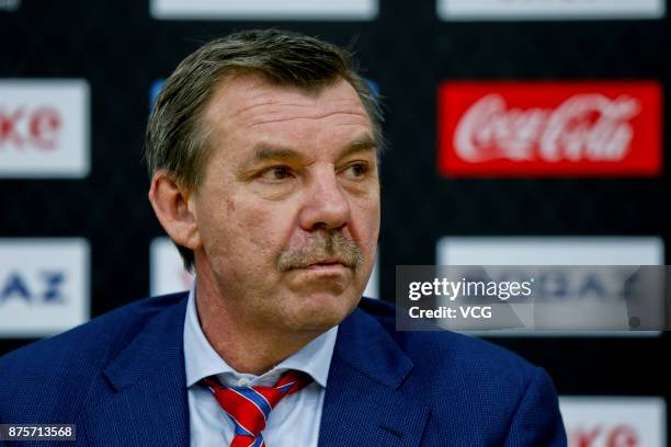 Saint Petersburg head coach Oleg Znarok attends the press conference after the 2017/18 Kontinental Hockey League Regular Season match between HC...