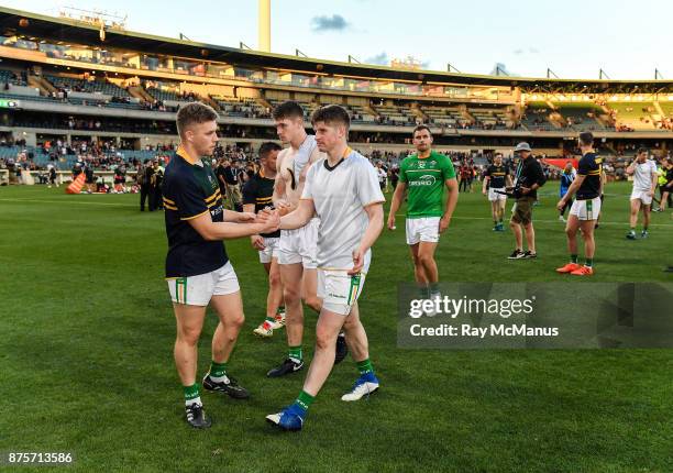 Perth , Australia - 18 November 2017; Peter Crowley and Darren Hughes of Ireland after the Virgin Australia International Rules Series 2nd test at...