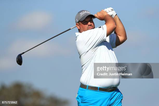 Brendon de Jonge of Zimbabwe plays his shot from the 16th tee during the second round of The RSM Classic at Sea Island Golf Club Seaside Course on...