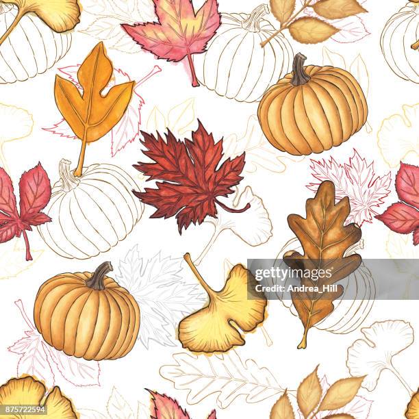 stockillustraties, clipart, cartoons en iconen met pompoen en herfstblad aquarel vector naadloze patroon - watercolour orange and black