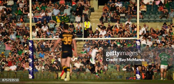 Perth , Australia - 18 November 2017; Ireland goalkeeper Niall Morgan saves at the hands of Chad Wingard of Australia during the Virgin Australia...