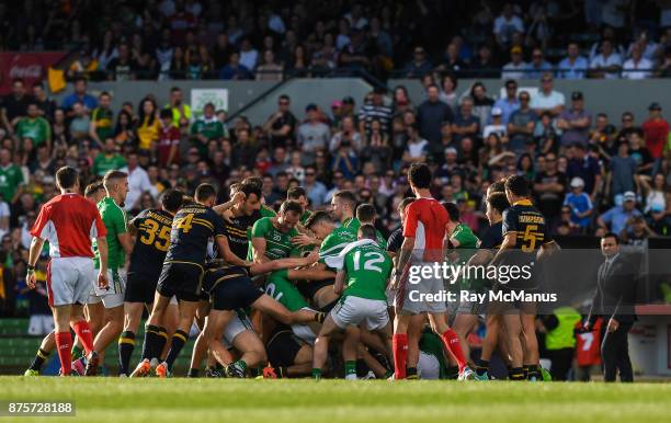 Perth , Australia - 18 November 2017; Players from both sides become involved in a scuffle as they head to the changing rooms at half time in the...