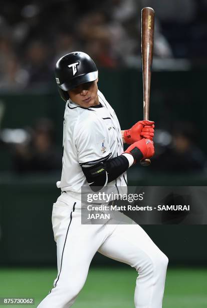 Infielder Chen Chieh-Hsien of Chinese Taipei is hit by pitch to make it 8-2 in the bottom of ninth inning during the Eneos Asia Professional Baseball...